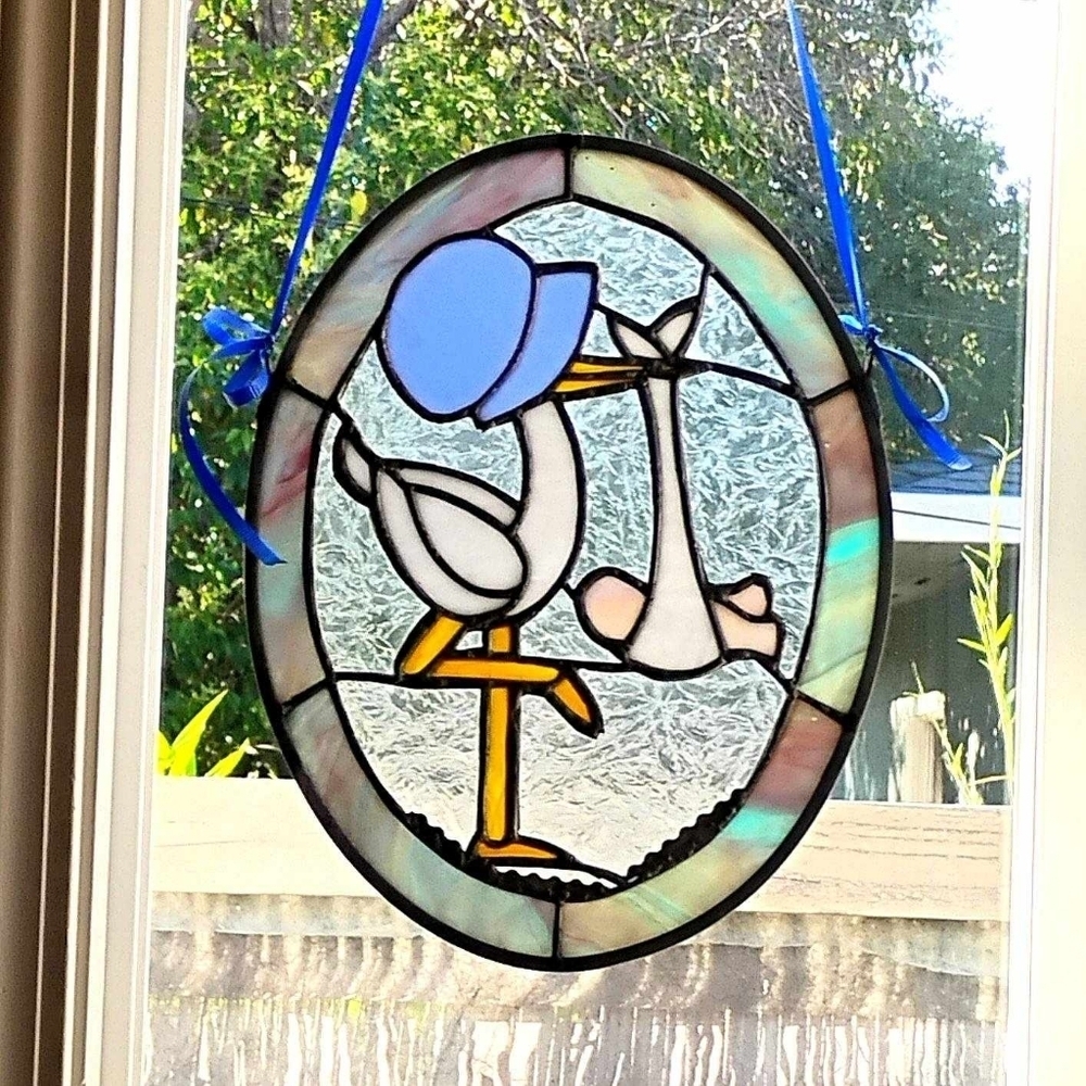 Vintage Stained Glass Stork  Baby Delivery Theme, Oval Hanging Suncatcher. (G)​​